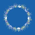 Cute cartoon swans, flowers, leaves, hearts. Decorative vector wreath isolated .